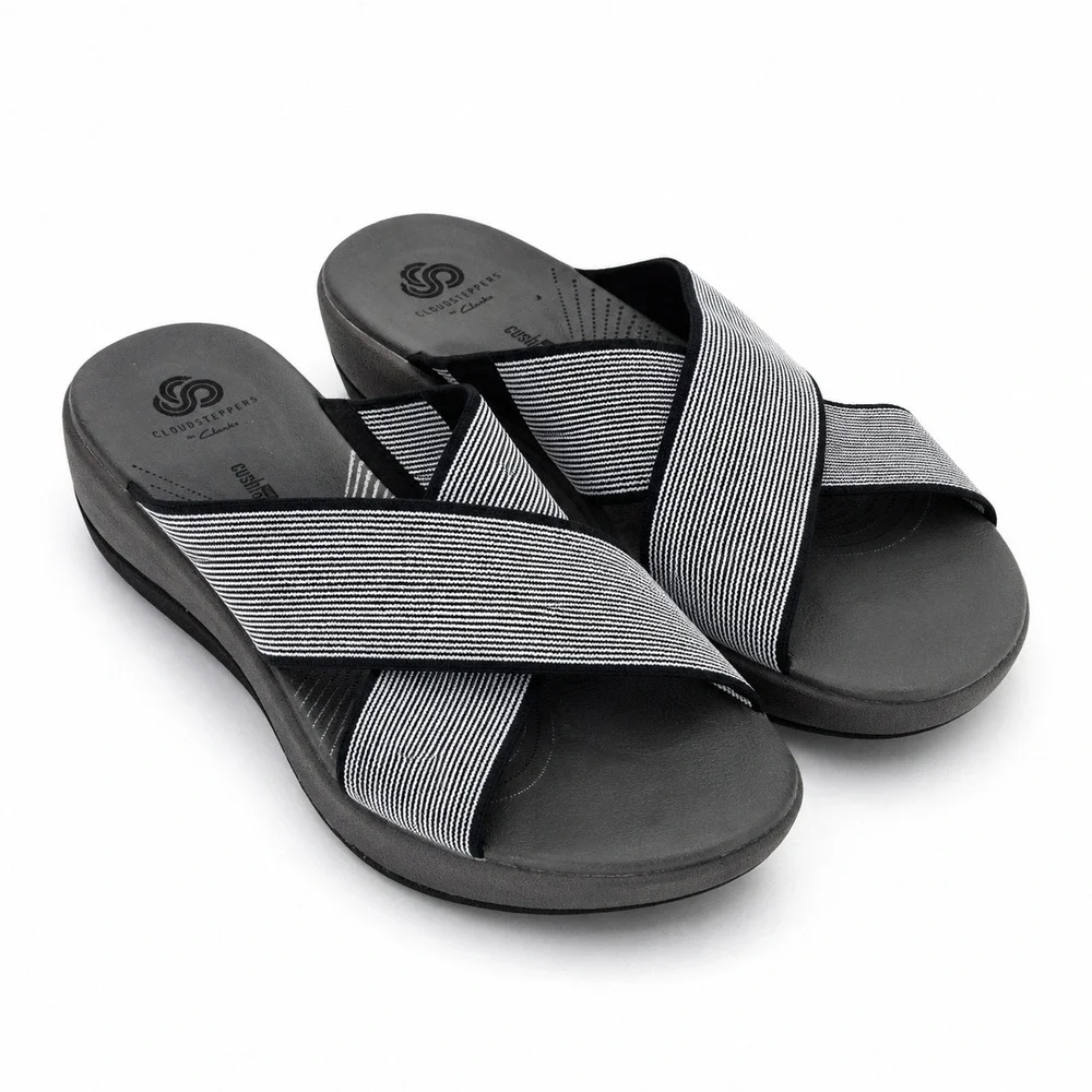 Clarks Cloudsteppers Arla Glison Womens 6 Black White Striped Slides - Picture 1 of 7